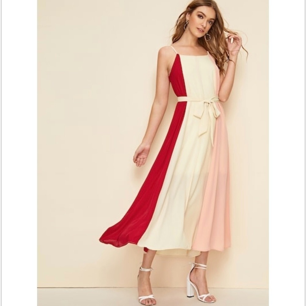 Colorblock Maxi Dress Pink Cream Red Belted Sleeveless‎ Summer Wedding M